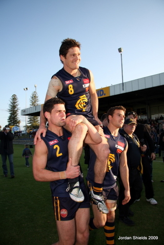 Jaxon Crabb is carried off the field after finishing his retirement match for Claremont Football Club in the WAFL.